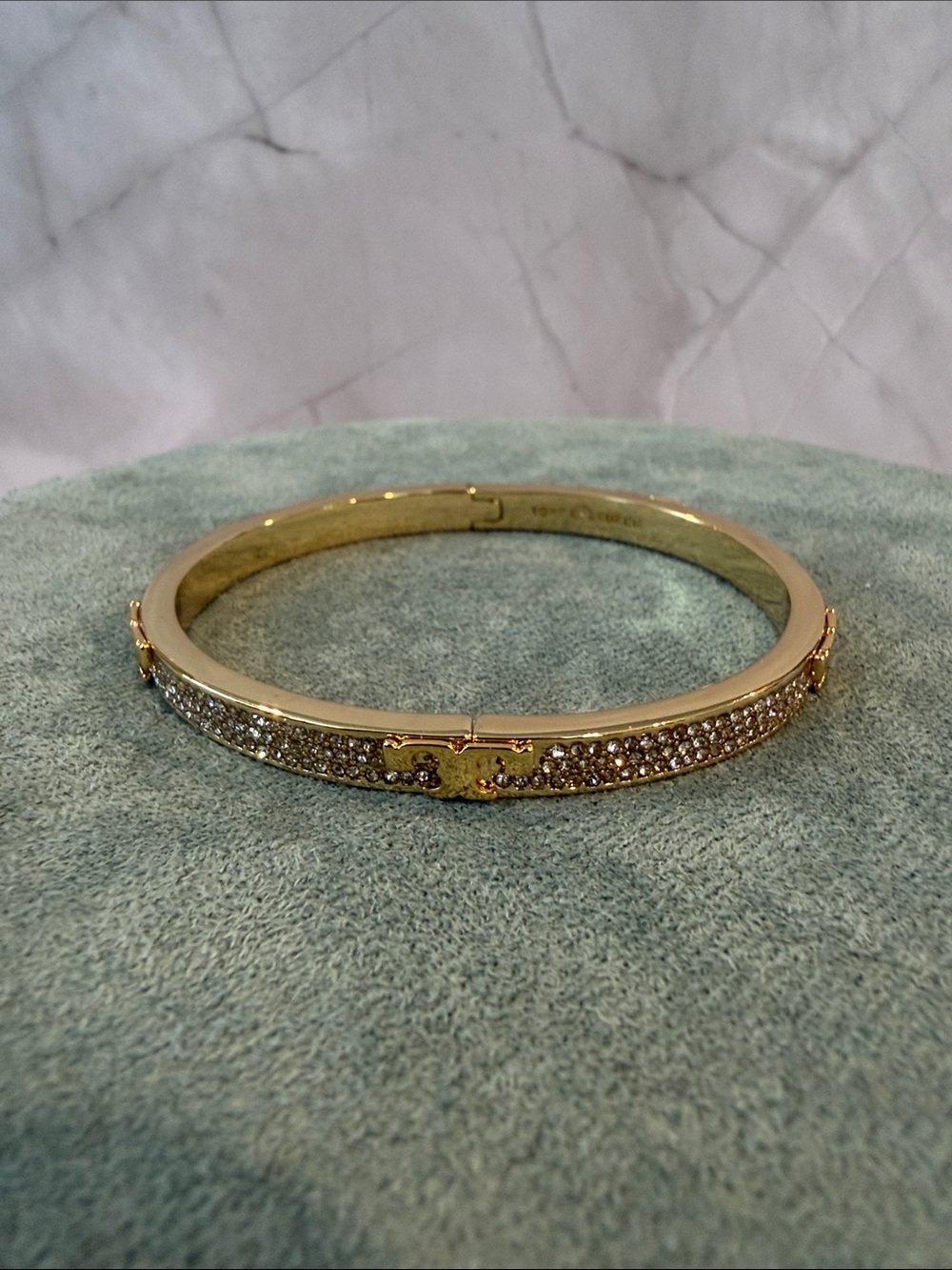 Tory Burch | Gold Plated & Pavé Hinged Bangle Bracelet | Medium
